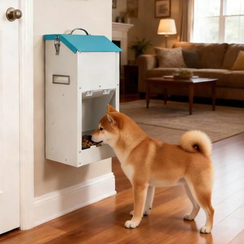 No Sweat Automatic Dog Feeder For Large Breeds With Galvanized Dry Food Dispenser and Clear Gravity Door Blocks Critters While Your Favorite Pup Enjoys Straight Up Chow Days Daily. Shiba Inu dog using gravity dog feeder at home.