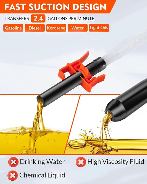 BestCosy portable battery-operated siphon pump with orange clamps for gas, diesel, water transfer.