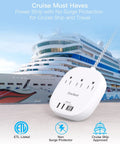 Ultra Thin 10 Foot Flat Plug Power Strip With 3 Outlets And 4 USB Ports Including 2 USB C for cruise ship use in front of ship
