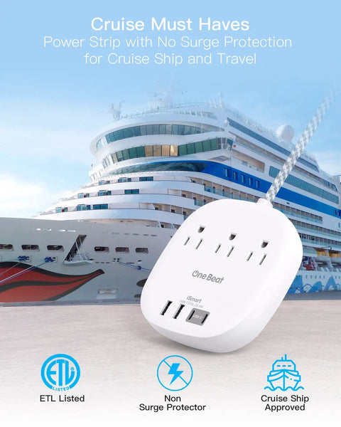 Ultra Thin 10 Foot Flat Plug Power Strip With 3 Outlets And 4 USB Ports Including 2 USB C for cruise ship use in front of ship