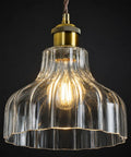 Fang Yan Mei Plug in Pendant Light,Clear Fluted Glass Shade Vintage Hanging Light Fixture with Plug in Cord, showcasing ribbed glass in warm light.