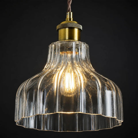 Fang Yan Mei Plug in Pendant Light,Clear Fluted Glass Shade Vintage Hanging Light Fixture with Plug in Cord, showcasing ribbed glass in warm light.