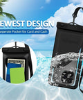 Waterproof Phone Pouch With Card Pocket For iPhone 17 16 15 Pro Max IPX8 Black Fits Up To 8.3 Inches submerged in water.