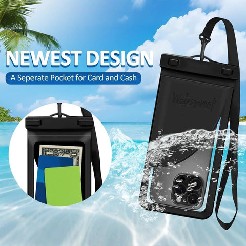 Waterproof Phone Pouch With Card Pocket For iPhone 17 16 15 Pro Max IPX8 Black Fits Up To 8.3 Inches submerged in water.