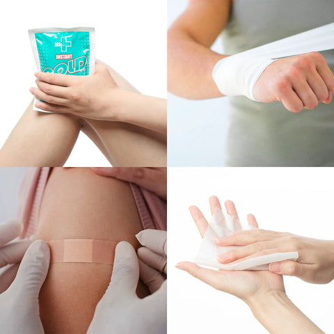 General Medi 160-piece first aid kit refill: collage showing instant cold pack, wrist wrap, knee bandage, and gauze.