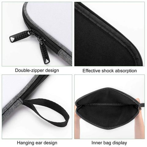 Scuba Inspired 14 Inch Laptop Sleeve And Protective Carry Case with snowflake cloth, showing zippers, interior, and handle design.