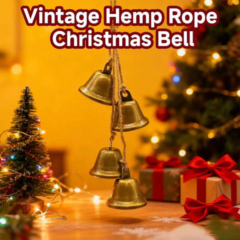 Farmhouse Bell Set For Cozy Rustic Vibes antique bronze iron cow bells with jute rope, Christmas decor scene with tree and lights
