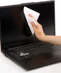 Top Tier Lint Free Cleanroom Wipes Bulk 900 Pack 6 Inch White Polyester Plus Wood Pulp Blend used to clean a laptop screen.