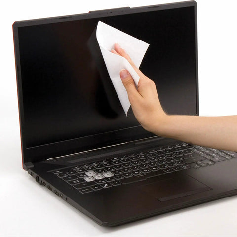 Top Tier Lint Free Cleanroom Wipes Bulk 900 Pack 6 Inch White Polyester Plus Wood Pulp Blend used to clean a laptop screen.