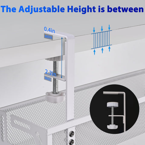 Under Desk Cable Management Tray Small Clamp-Mounted Wire Organizer showing adjustable clamp height in white metal