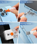 All In One Keyboard Cleaning Kit For Laptops And PCs With Retractable Brush Soft Cloths Keycap Puller Lens Pen Flocking Sponge And More The Ultimate Electronic Cleaner Kit For iPhone iPad MacBook Earbuds Cameras Monitors Patented Design used for cleaning phone lens, speaker, screen, and button.