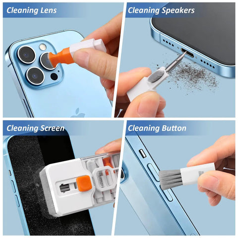 All In One Keyboard Cleaning Kit For Laptops And PCs With Retractable Brush Soft Cloths Keycap Puller Lens Pen Flocking Sponge And More The Ultimate Electronic Cleaner Kit For iPhone iPad MacBook Earbuds Cameras Monitors Patented Design used for cleaning phone lens, speaker, screen, and button.