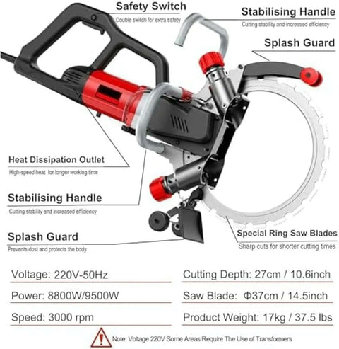 Badass Brushless Ring Saw For Wall Cutting With A Kickass Copper Motor That Slays Reinforced Concrete And Stone, Pumping Out 3000 RPM For Precision Grooving, Running Smooth As Silk For Pros Crushing Heavy Jobs Without Breaking A Sweat. Image showing safety features and key specifications.