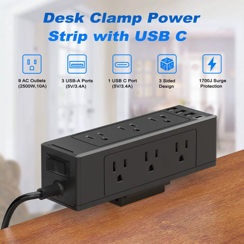 Desk Clamp Power Strip With USB C PD, 9 Outlets And 4 USB Ports, 13-In-One Charging Station on desk, black design