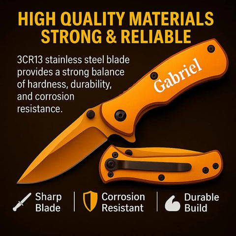 Custom Titanium Coated Stainless Steel Pocket Knife With Free Engraving Orange 2.75 Inch Satin Blade High Quality EDC Utility Knife For Outdoors Camping Hunting Everyday Carry And Groomsmen Gifts with text highlighting durability features.