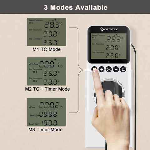 Digital Day And Night Temperature Controller With Timer For Reptile Terrarium And Greenhouse 120V Thermostat Outlet Plug With 3m Sensor Auto Heating And Cooling Control Three Modes M1 M2 M3