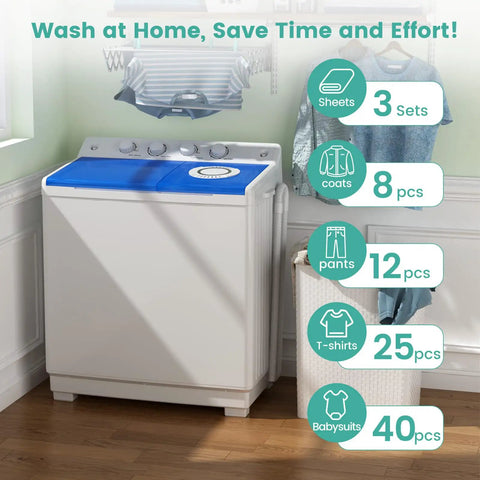 Dual Tub Portable Washing Machine With 30 Lb Wash Barrel And 18 Lb Spinner Drain Pump Great For Apartments Dorms Rvs showing washing capacity.