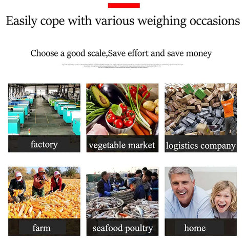 Collage showing various weighing occasions: factory, vegetable market, logistics company, farm, seafood poultry, home setting.