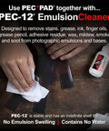 Front view: PEC-PAD lint-free wipes 4x4 in; white soft cloth beside PEC-12 Emulsion Cleaner bottle and film negatives.