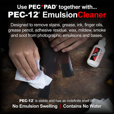 Front view: PEC-PAD lint-free wipes 4x4 in; white soft cloth beside PEC-12 Emulsion Cleaner bottle and film negatives.