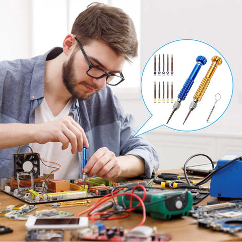 Man using 13 In 1 Multifunctional Precision Screwdriver Set With Magnetic Bits For Eyeglasses Sunglasses Watches Laptops Electronics Cellphones And Jewelry Portable Glasses Repair Kit For Quick Fixes on electronic circuit board