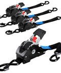 Heavy Duty Self Retracting Ratchet Tie Downs One Inch By Ten Foot 4 Pack 1650 Lb with black hooks and straps