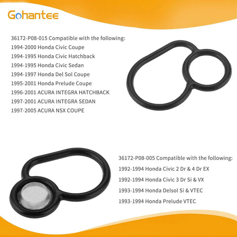 VTEC Solenoid Seal Kit Honda Upper And Lower Gasket Replacement For B16A2 B18C1 B18C5 GSR Type R DC Engine Models shown.