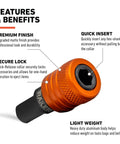Close-up of an orange Five Pack One Quarter Inch Hex Shank Bit Holder Keychain Set, Aluminum Alloy Quick Release Bit Holders With Carabiner.