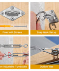 Sun Shade Sail Hardware Kit showing fixed screws, snap hook setup, adjustable turnbuckle, and outdoor use.