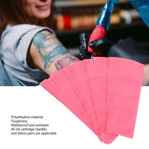 Disposable Pen Covers Set 200 Pieces Protective Sleeves For Cartridges And Machines displayed in tattoo setting