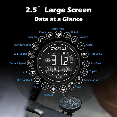 GPS Bike Computer With Wireless Connectivity, ANT Plus And Bluetooth Speedometer Odometer, 2.5 Inch Anti-Dazzle Screen display