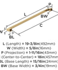Diagram showing dimensions of Oversized 18 Inch Center To Center Cabinet Pull For Large Appliances And Paneled Cabinets Champagne Bronze Finish.