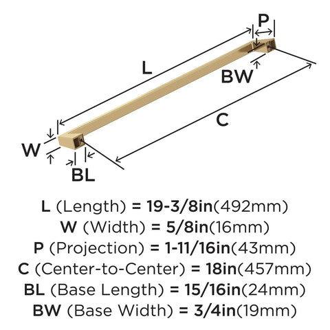 Diagram showing dimensions of Oversized 18 Inch Center To Center Cabinet Pull For Large Appliances And Paneled Cabinets Champagne Bronze Finish.