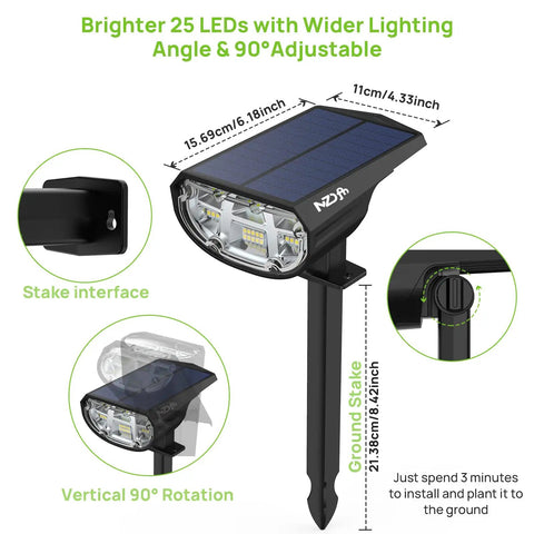 Ultra Bright Outdoor Solar Spot Lights IP68 Waterproof Landscape Spotlights, showing 25 LEDs, ground stake, and 90° vertical rotation.