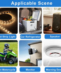 Collage showing applications of LED strip light, car refrigerator, speakers, mini motorcycle, monitor, and warning device.