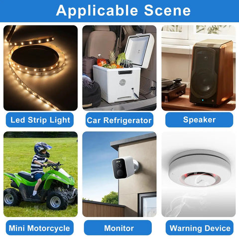 Collage showing applications of LED strip light, car refrigerator, speakers, mini motorcycle, monitor, and warning device.