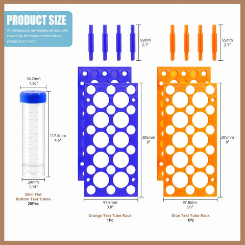 28 Well Plastic Test Tube Rack Kit With Detachable Stand And Blue Orange Rack Includes 25 Pieces Of 50ml Flat Bottom Centrifuge Tubes With Screw Caps Graduated Non Pyrogenic Tubes For Precise Lab Work And Safe Storage product showing dimensions and components