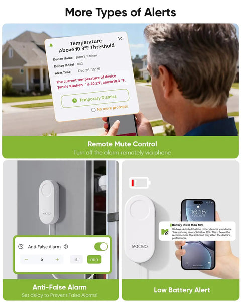WiFi Freezer Thermometer Alarm With Digital Monitor Hub, App And Email Alerts, 2 Year Data Export, No Subscription Fee, 2 Remote Temperature Sensors For Home Refrigerator And Freezer showing remote mute and low battery alerts