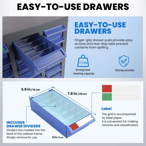 Heavy Duty 75 Drawer Parts Cabinet With 2mm Steel Frame And ABS Drawers With Labels And Dividers, Nut Bolt Screw Organizer description