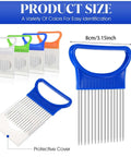 Andibro 4-pack onion slicer holders with stainless steel comb blades and colorful handles; blue front view with protective cover