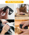 Collage of Wet Dry Sandpaper Set With Sanding Sponge in use for walls, furniture, automotive, and wooden surfaces.