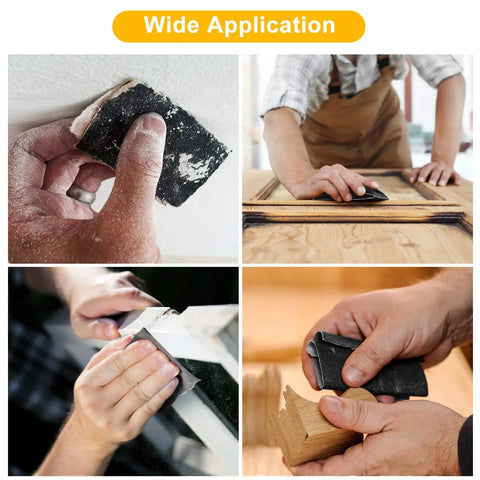 Collage of Wet Dry Sandpaper Set With Sanding Sponge in use for walls, furniture, automotive, and wooden surfaces.