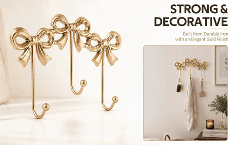 Heavy Duty Gold Bow Knot Wall Hooks Dope Brass Triple Coat Hanger with elegant bows and hooks for easy organization.