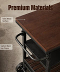 Close-up of Smooth Rolling Three Tier Bar Cart With Sturdy Handle showing solid wood surface and carbon black iron frame.