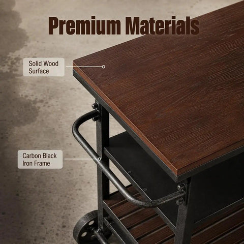 Close-up of Smooth Rolling Three Tier Bar Cart With Sturdy Handle showing solid wood surface and carbon black iron frame.