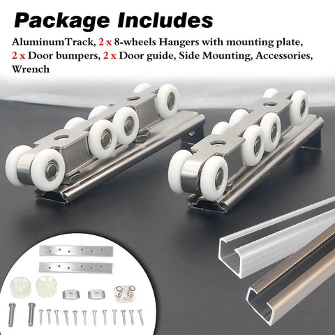 Beefy Aluminum Sliding Door Track Kit For Closet And Gate Doors, Multiple Lengths From 2 Ft To 30 Ft, Includes Rollers And Replacement Hardware, Brown Finish, Built For Rugged Durability And Smooth Operation package contents
