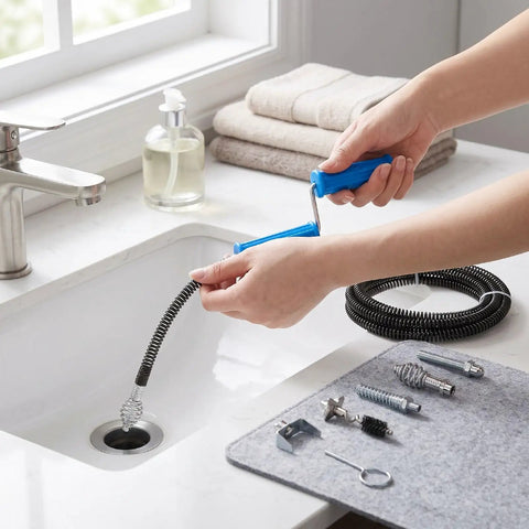 Heavy Duty Drain Auger Attachment For Kitchen Sink And Shower With 5 Meter Cable and flexible metal coil being used in a sink.