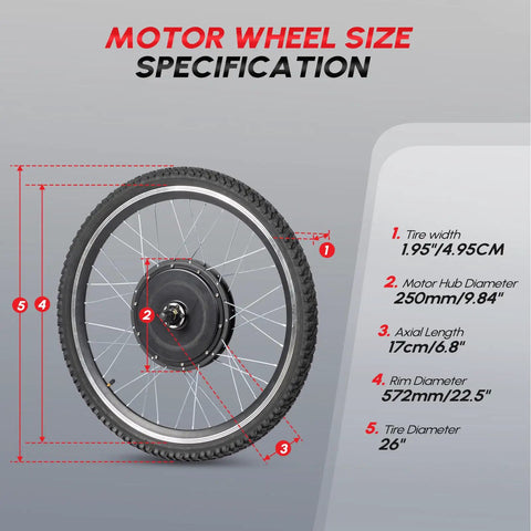 Motor wheel size diagram for Dope 26 Inch Front Wheel Electric Bike Conversion Kit 48V 1200W Hub Motor, showing measurements.