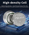 Top Shelf 10 Pack LR44 Batteries AG13 SR44 357 303 A76 One Five Volt Button Cells Fresh Box showing high-density cell on circuit board.