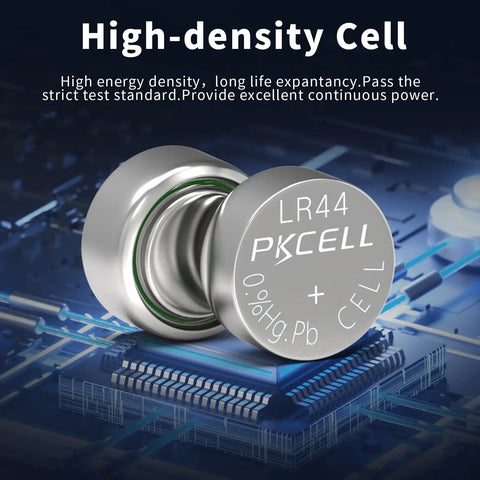 Top Shelf 10 Pack LR44 Batteries AG13 SR44 357 303 A76 One Five Volt Button Cells Fresh Box showing high-density cell on circuit board.